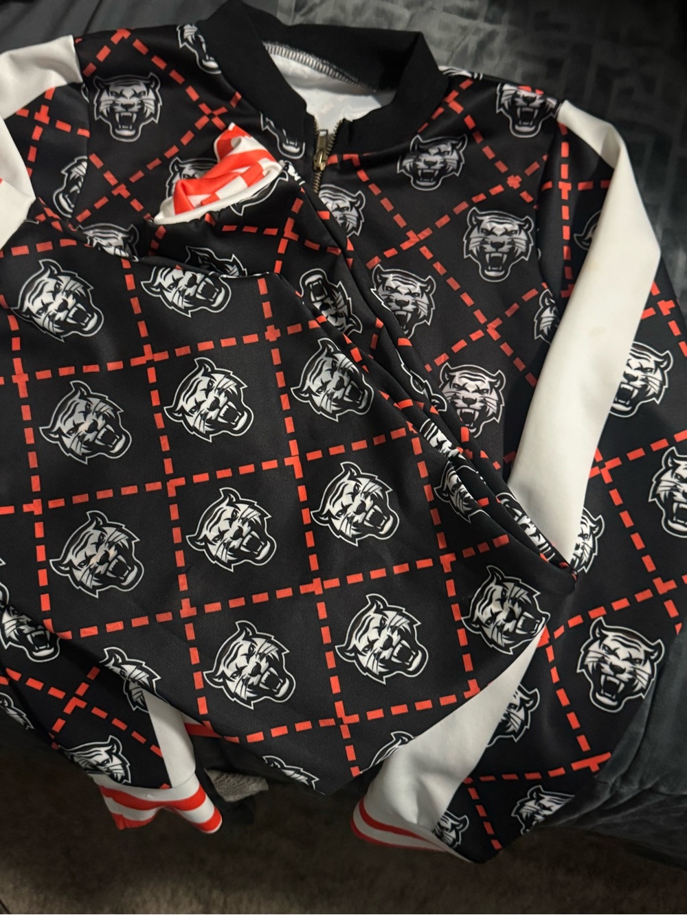 Kids Black & White Grid-Print Bomber Jacket with Red Accents